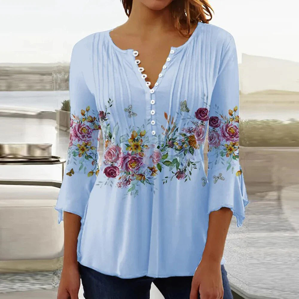 Brigitte Multicolor 3D Druck V-Ausschnitt Damen Bluse | Elegant Leicht 3/4 Aermel Fruehling Sommer Oberteil | Vielseitig - S-5XL