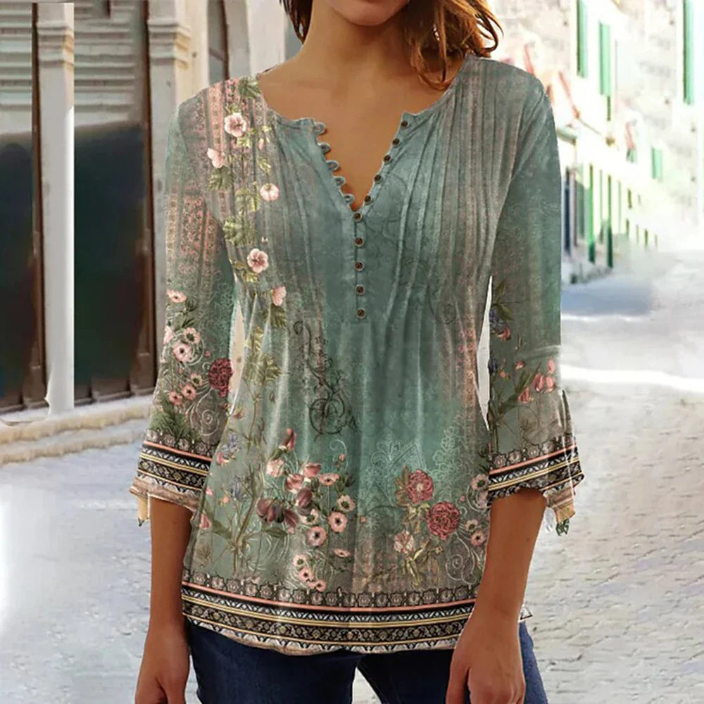 Brigitte Multicolor 3D Druck V-Ausschnitt Damen Bluse | Elegant Leicht 3/4 Aermel Fruehling Sommer Oberteil | Vielseitig - S-5XL
