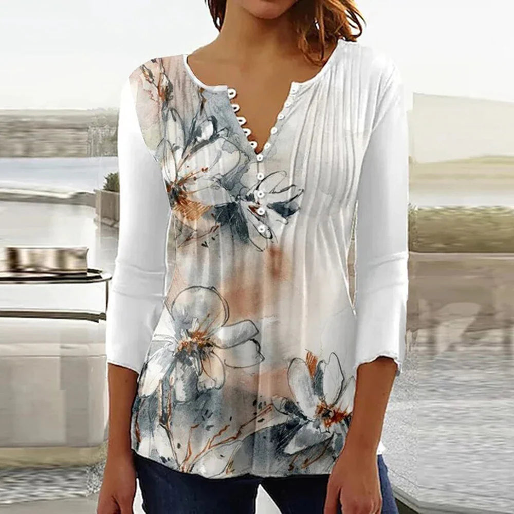 Brigitte Multicolor 3D Druck V-Ausschnitt Damen Bluse | Elegant Leicht 3/4 Aermel Fruehling Sommer Oberteil | Vielseitig - S-5XL