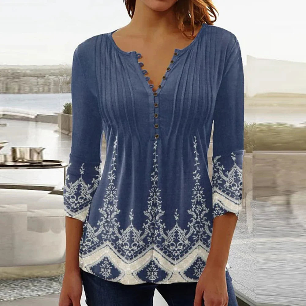 Brigitte Multicolor 3D Druck V-Ausschnitt Damen Bluse | Elegant Leicht 3/4 Aermel Fruehling Sommer Oberteil | Vielseitig - S-5XL