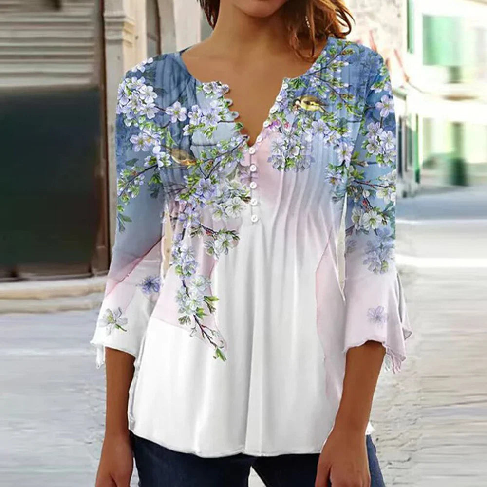 Brigitte Multicolor 3D Druck V-Ausschnitt Damen Bluse | Elegant Leicht 3/4 Aermel Fruehling Sommer Oberteil | Vielseitig - S-5XL