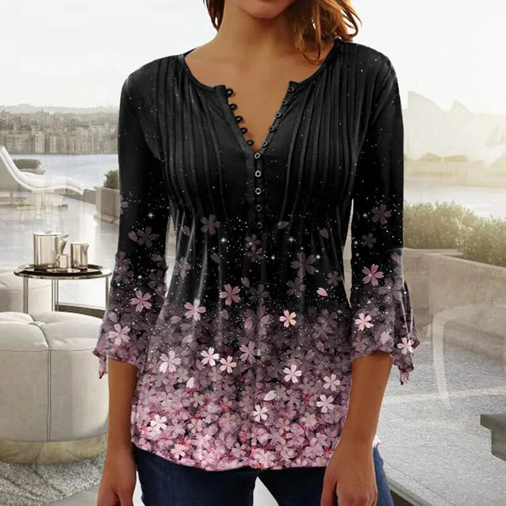 Brigitte Multicolor 3D Druck V-Ausschnitt Damen Bluse | Elegant Leicht 3/4 Aermel Fruehling Sommer Oberteil | Vielseitig - S-5XL