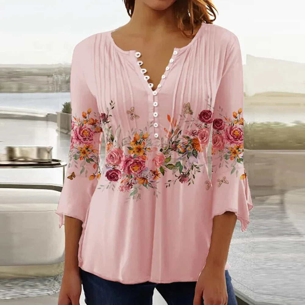 Brigitte Multicolor 3D Druck V-Ausschnitt Damen Bluse | Elegant Leicht 3/4 Aermel Fruehling Sommer Oberteil | Vielseitig - S-5XL