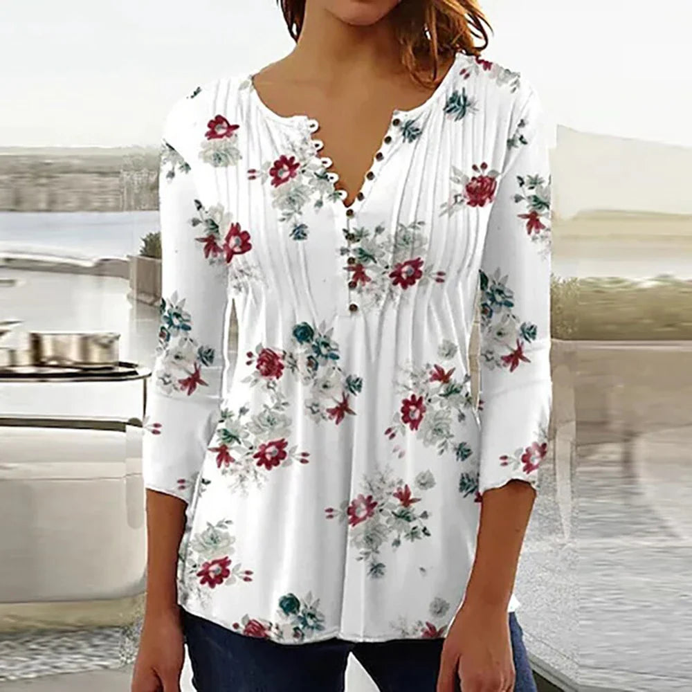 Brigitte Multicolor 3D Druck V-Ausschnitt Damen Bluse | Elegant Leicht 3/4 Aermel Fruehling Sommer Oberteil | Vielseitig - S-5XL
