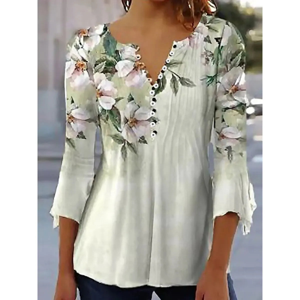 Brigitte Multicolor 3D Druck V-Ausschnitt Damen Bluse | Elegant Leicht 3/4 Aermel Fruehling Sommer Oberteil | Vielseitig - S-5XL