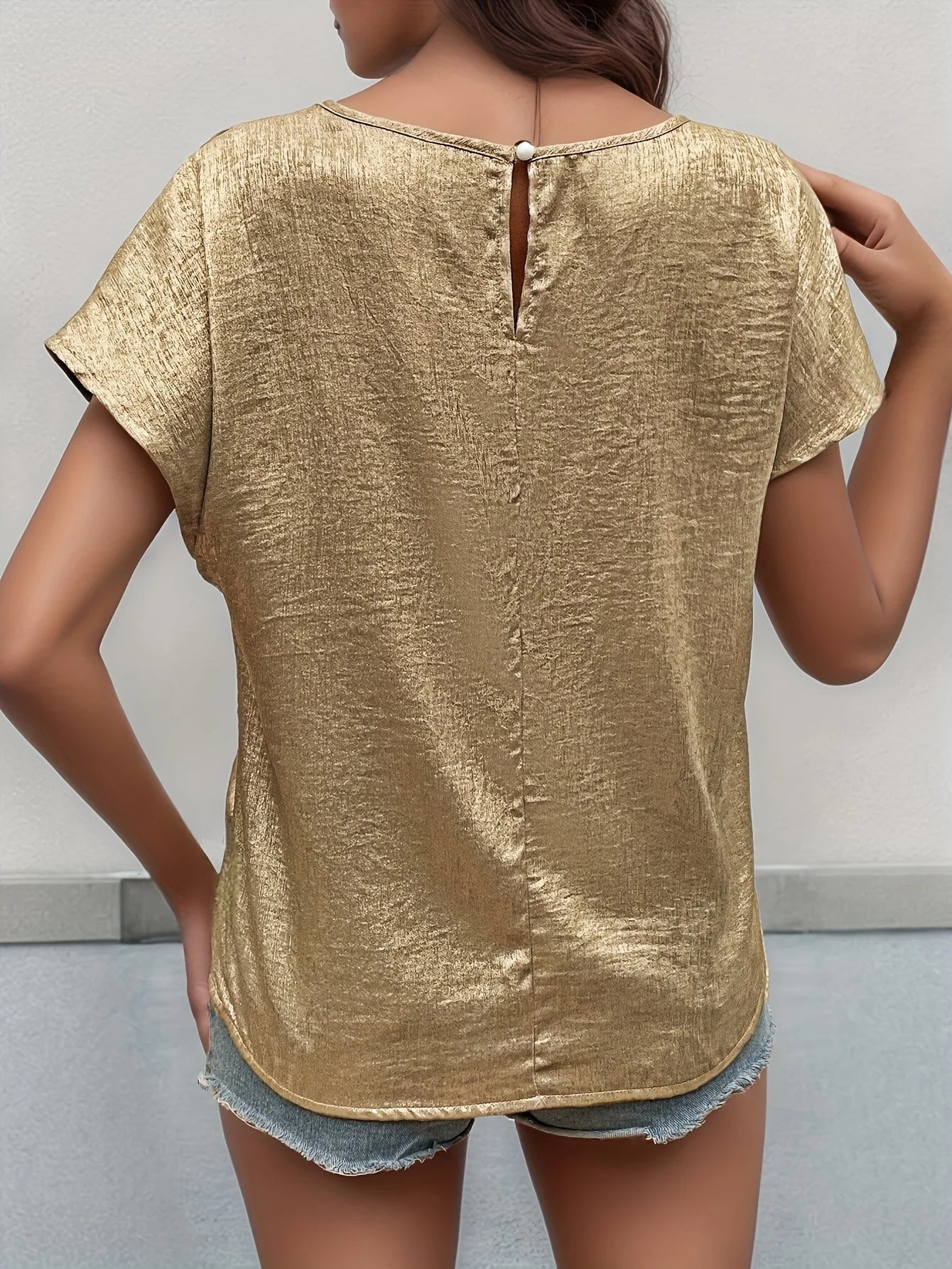 Margrit Goldfarben Rundhals Lockere Damen T-Shirt Elegant | Modisch Vielseitig Frühling Sommer Freizeit Oberteil | Bequem - S/M/L/XL/2XL