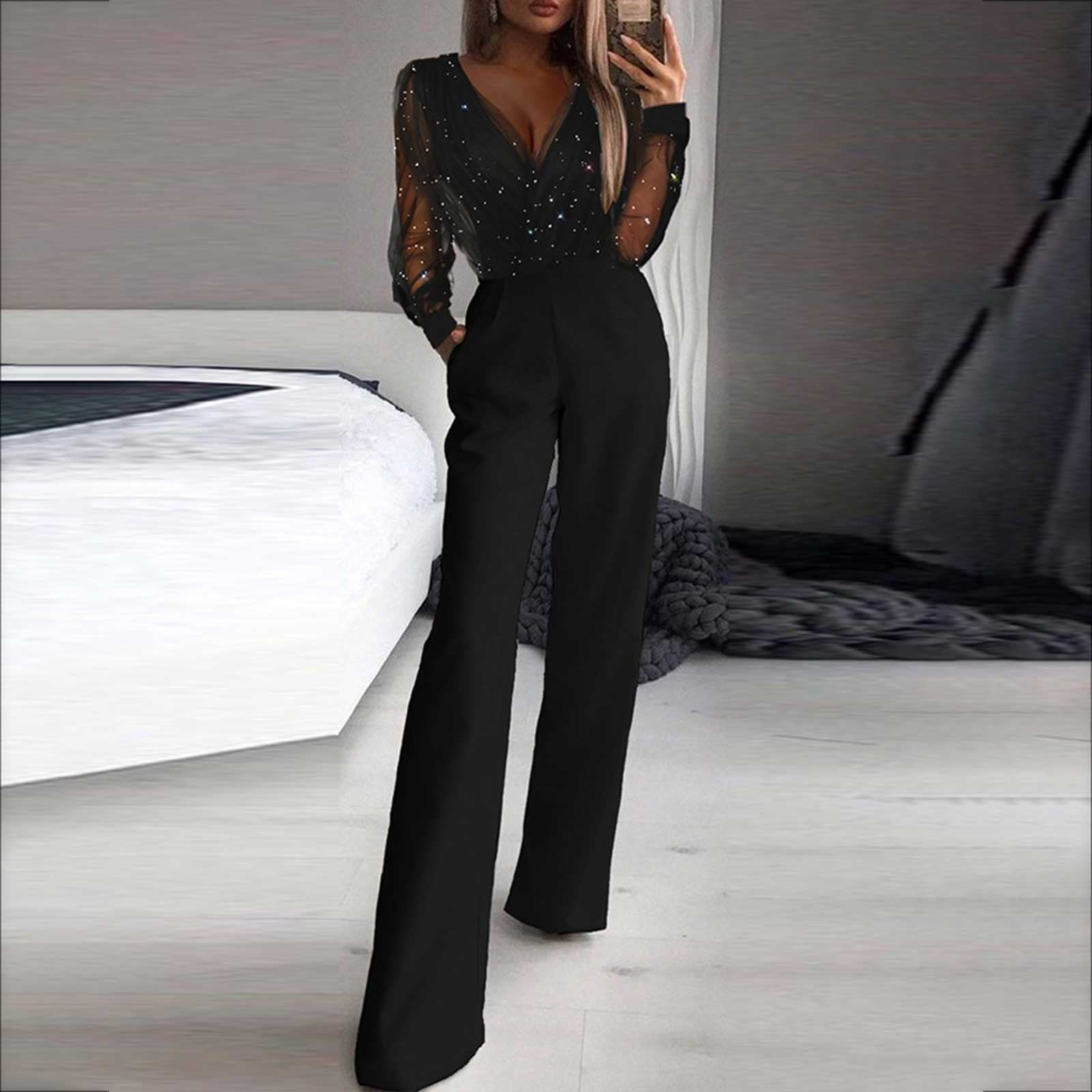 Glimma Damen Jumpsuit | Glitzer-Mesh, Weite Beine- S-2XL