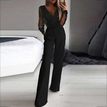 Glimma Damen Jumpsuit | Glitzer-Mesh, Weite Beine- S-2XL