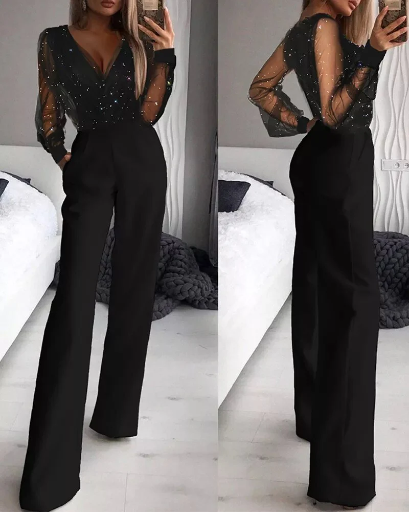 Glimma Damen Jumpsuit | Glitzer-Mesh, Weite Beine- S-2XL