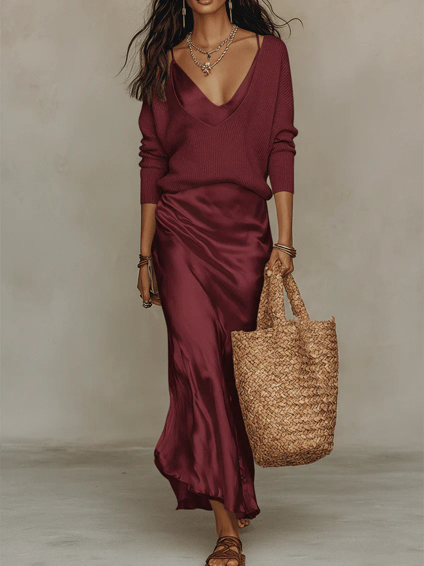 Hanna Damen Midikleid Set | Satin mit passendem Pullover