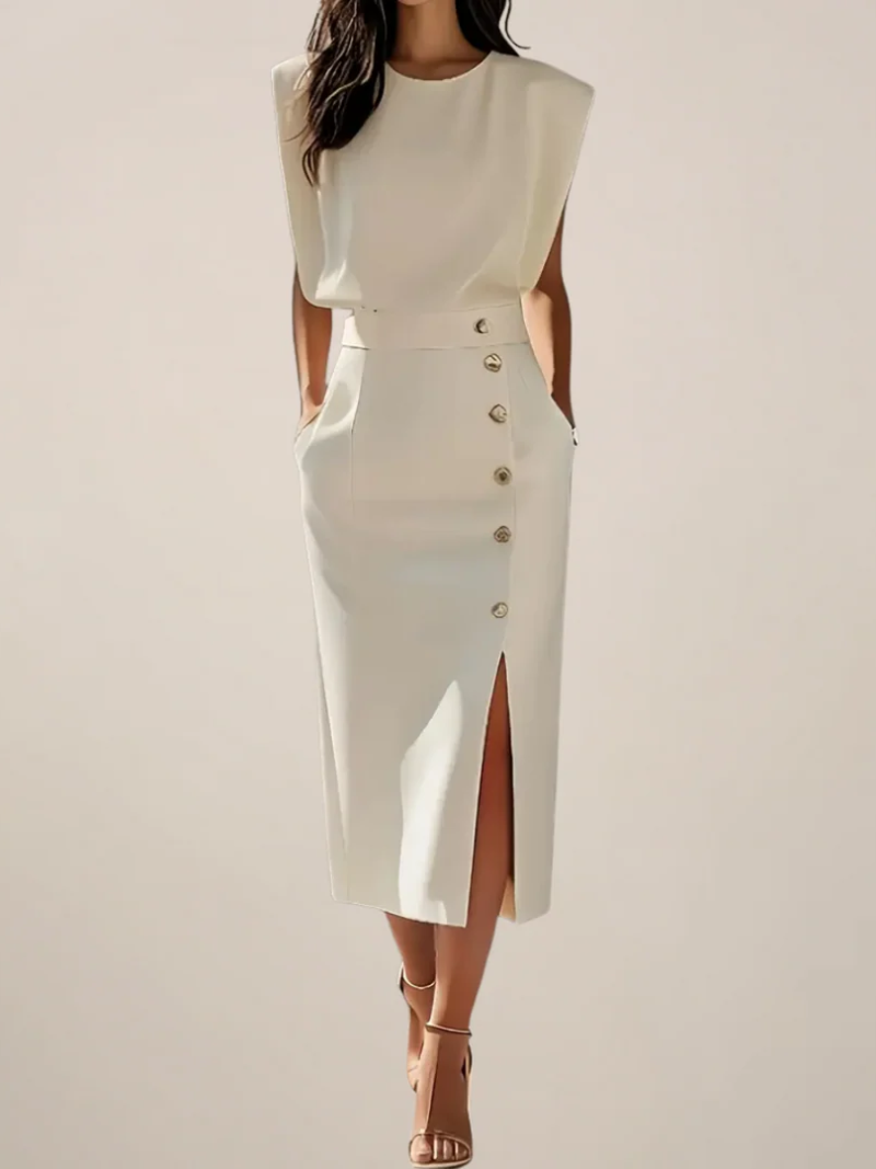Lena Damen Midi-Kleid | Ärmellos mit Knopfleiste und Seitenschlitz- S-2XL