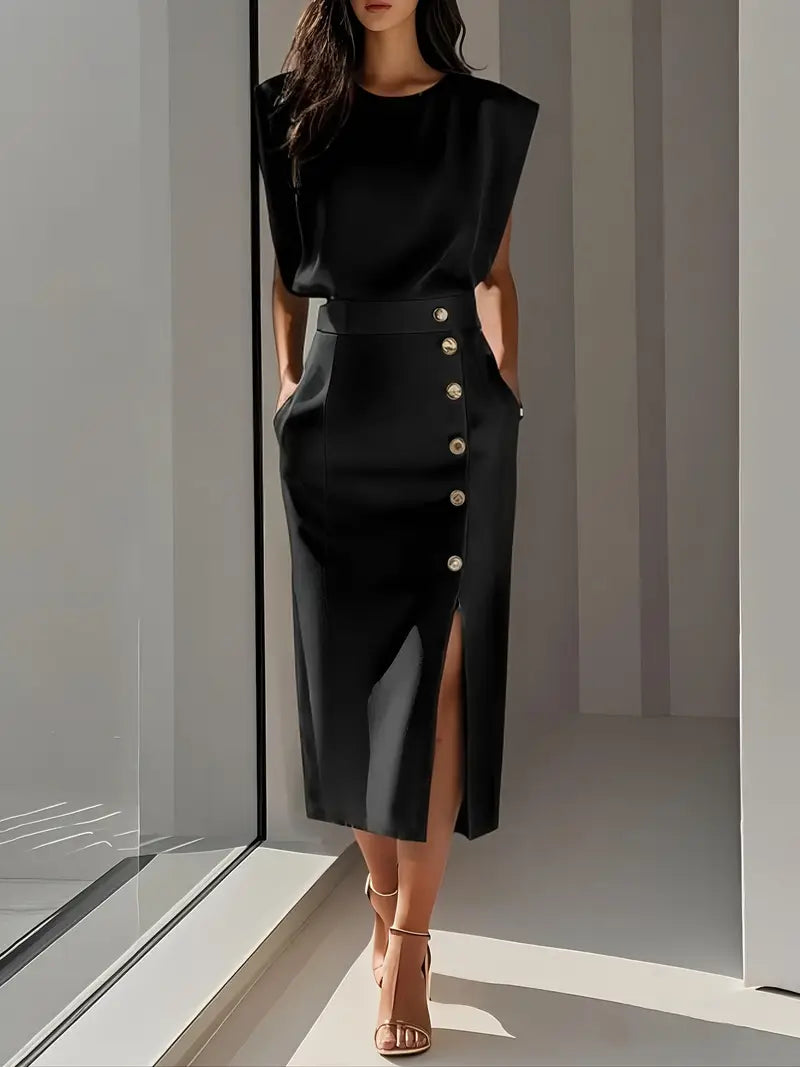 Lena Damen Midi-Kleid | Ärmellos mit Knopfleiste und Seitenschlitz- S-2XL