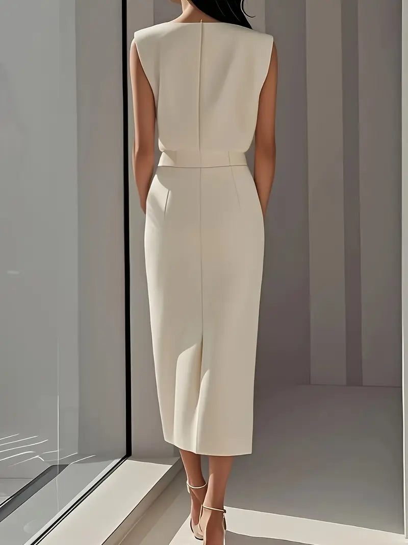 Lena Damen Midi-Kleid | Ärmellos mit Knopfleiste und Seitenschlitz- S-2XL