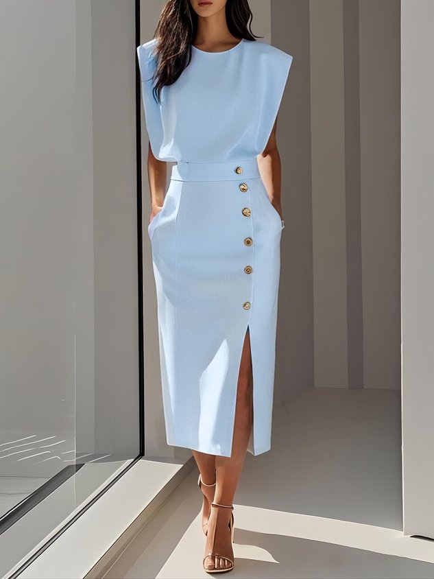 Lena Damen Midi-Kleid | Ärmellos mit Knopfleiste und Seitenschlitz- S-2XL