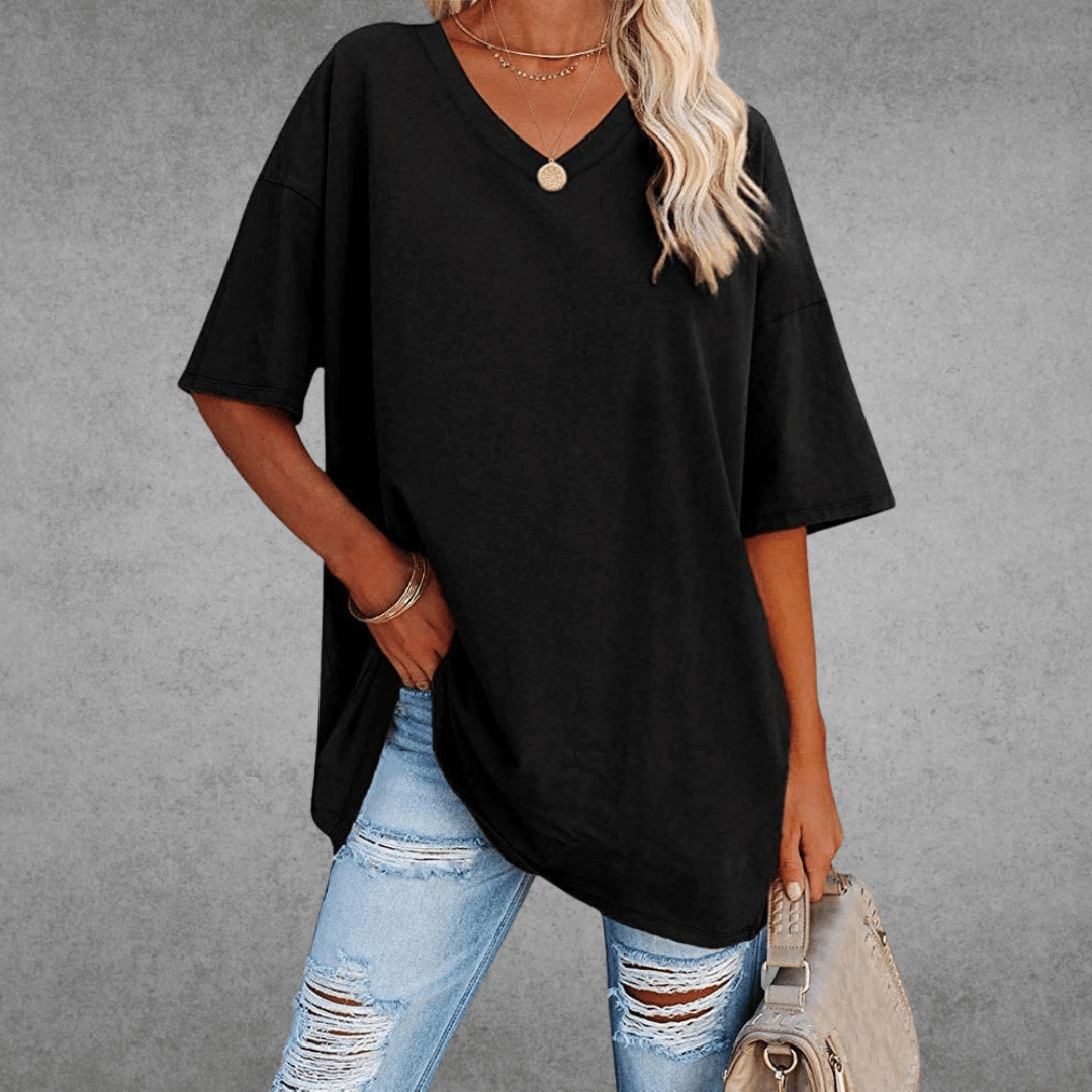Lena Damen Shirt Lang | V-Ausschnitt, Oversized Baumwollmix- S-2XL