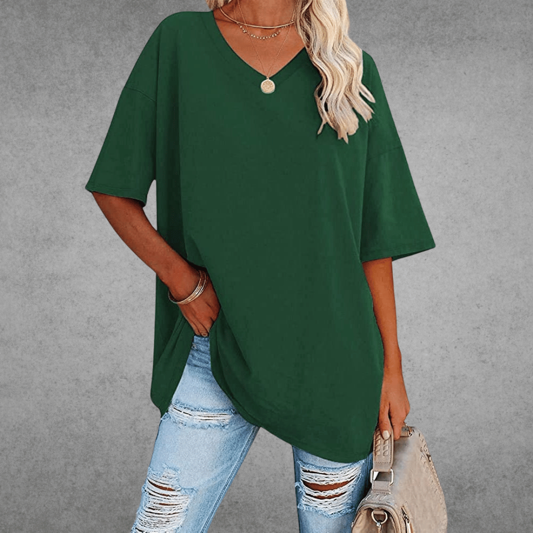 Lena Damen Shirt Lang | V-Ausschnitt, Oversized Baumwollmix- S-2XL