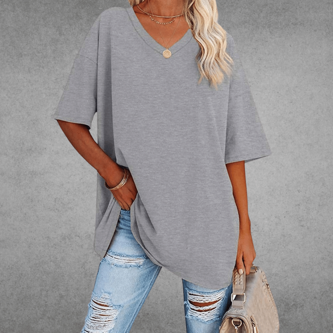 Lena Damen Shirt Lang | V-Ausschnitt, Oversized Baumwollmix- S-2XL