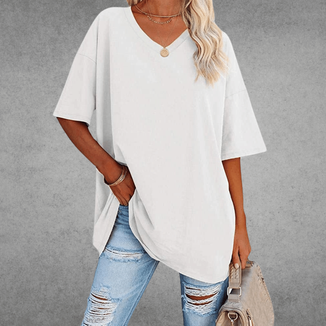 Lena Damen Shirt Lang | V-Ausschnitt, Oversized Baumwollmix- S-2XL