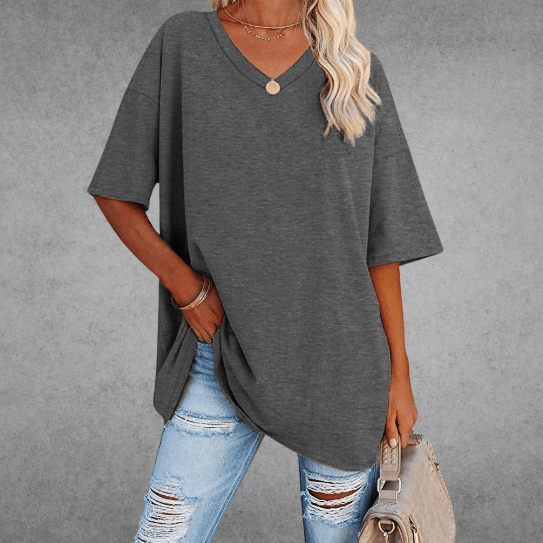 Lena Damen Shirt Lang | V-Ausschnitt, Oversized Baumwollmix- S-2XL