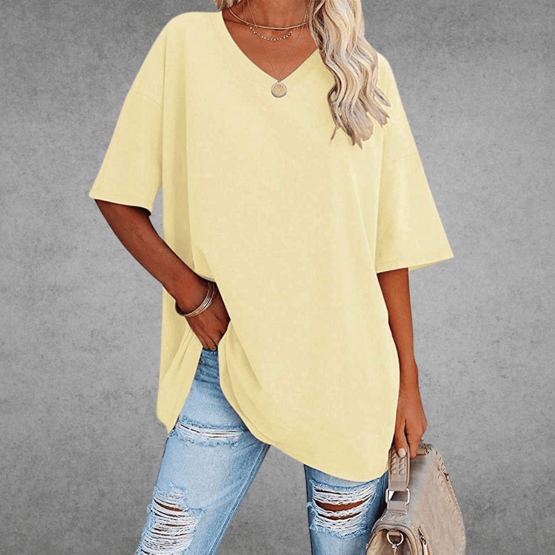 Lena Damen Shirt Lang | V-Ausschnitt, Oversized Baumwollmix- S-2XL