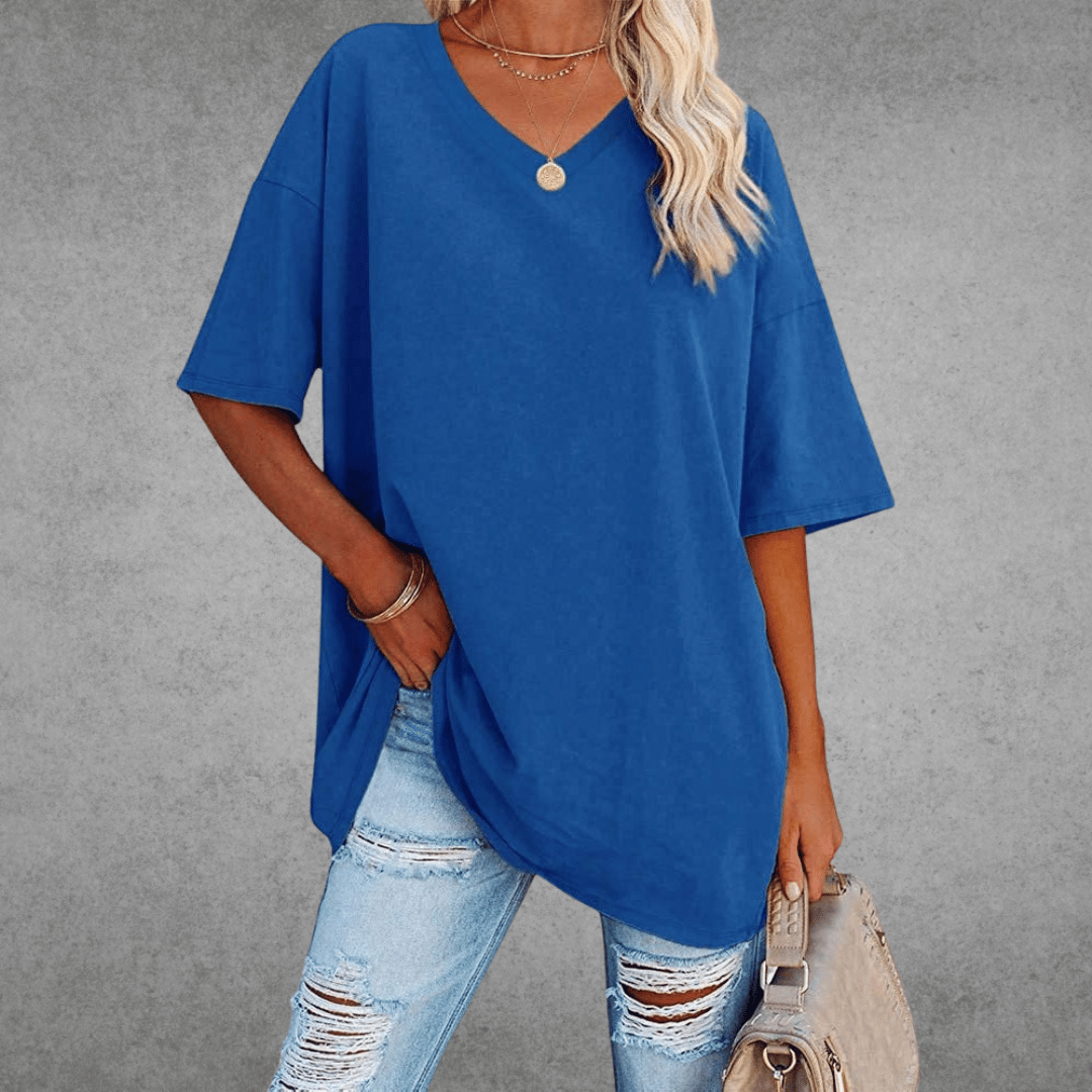 Lena Damen Shirt Lang | V-Ausschnitt, Oversized Baumwollmix- S-2XL