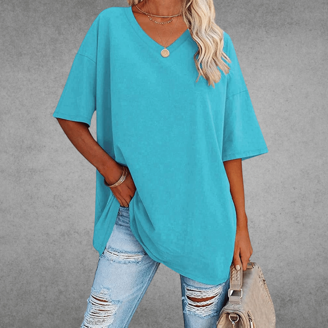 Lena Damen Shirt Lang | V-Ausschnitt, Oversized Baumwollmix- S-2XL