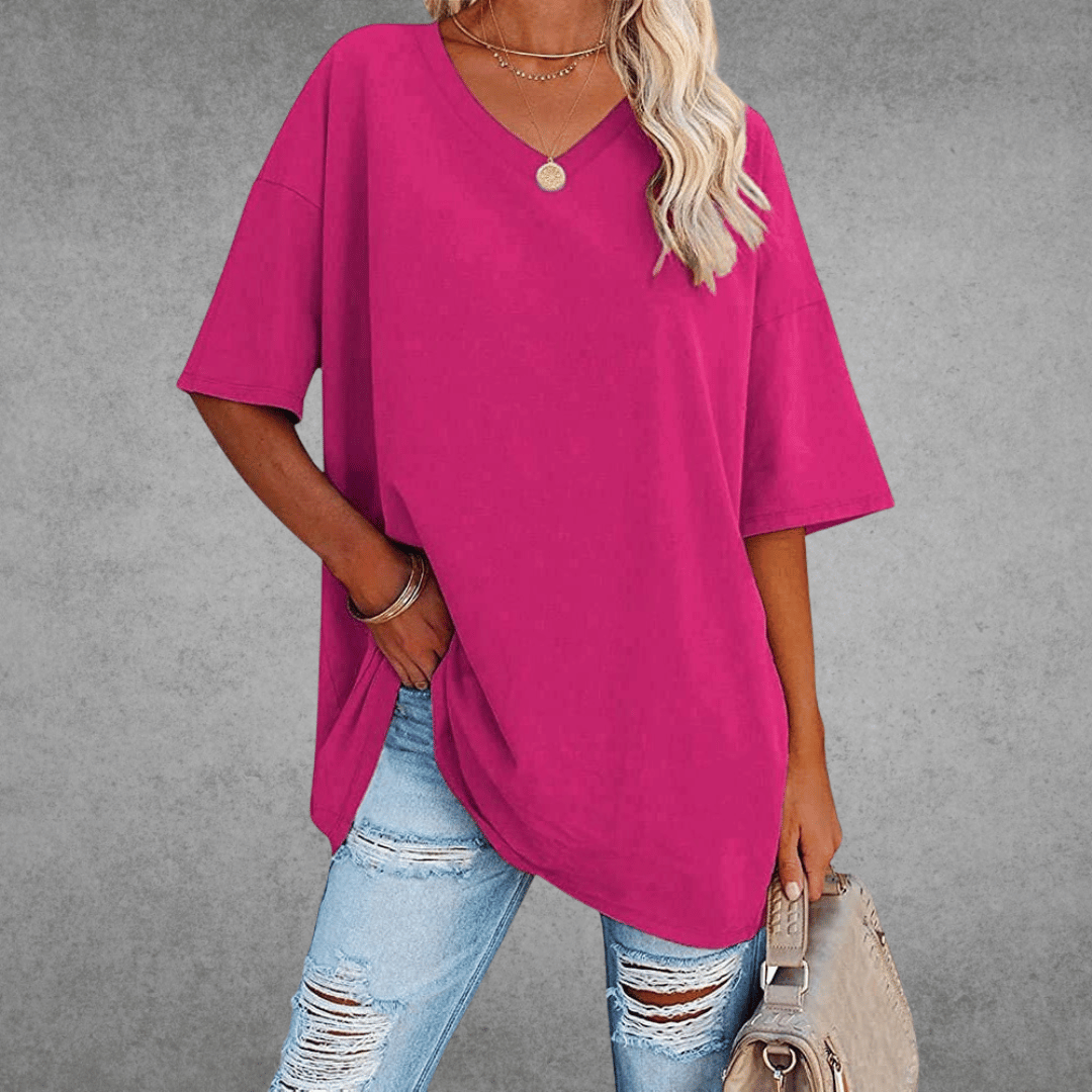Lena Damen Shirt Lang | V-Ausschnitt, Oversized Baumwollmix- S-2XL