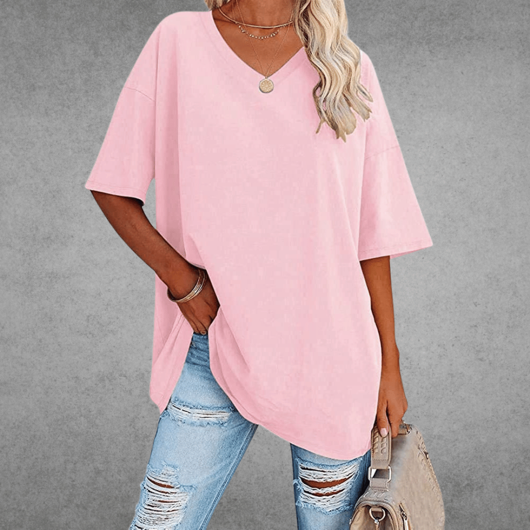 Lena Damen Shirt Lang | V-Ausschnitt, Oversized Baumwollmix- S-2XL