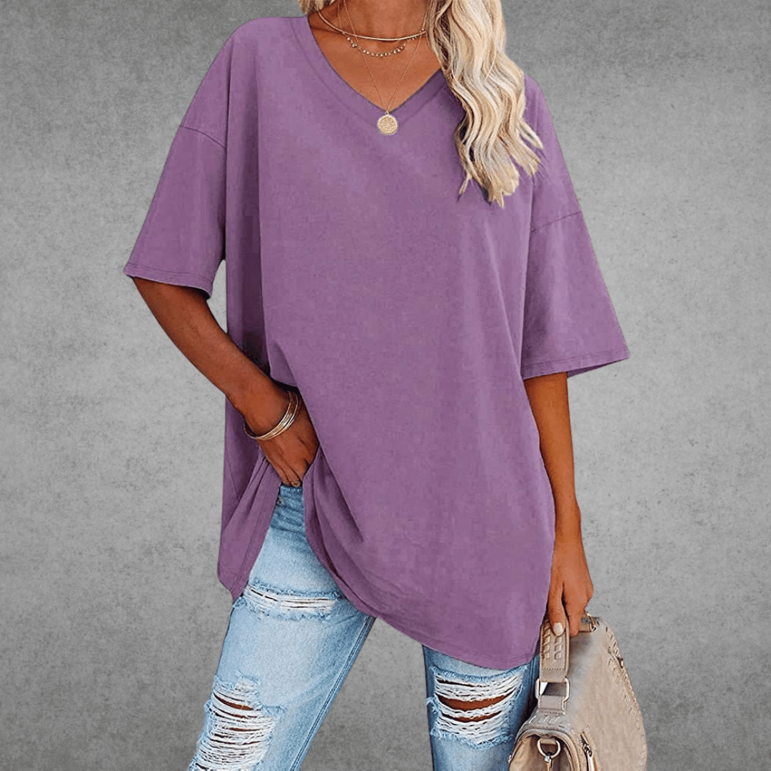 Lena Damen Shirt Lang | V-Ausschnitt, Oversized Baumwollmix- S-2XL
