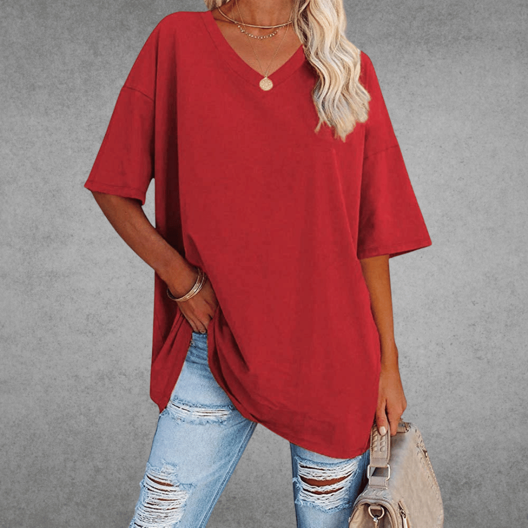 Lena Damen Shirt Lang | V-Ausschnitt, Oversized Baumwollmix- S-2XL
