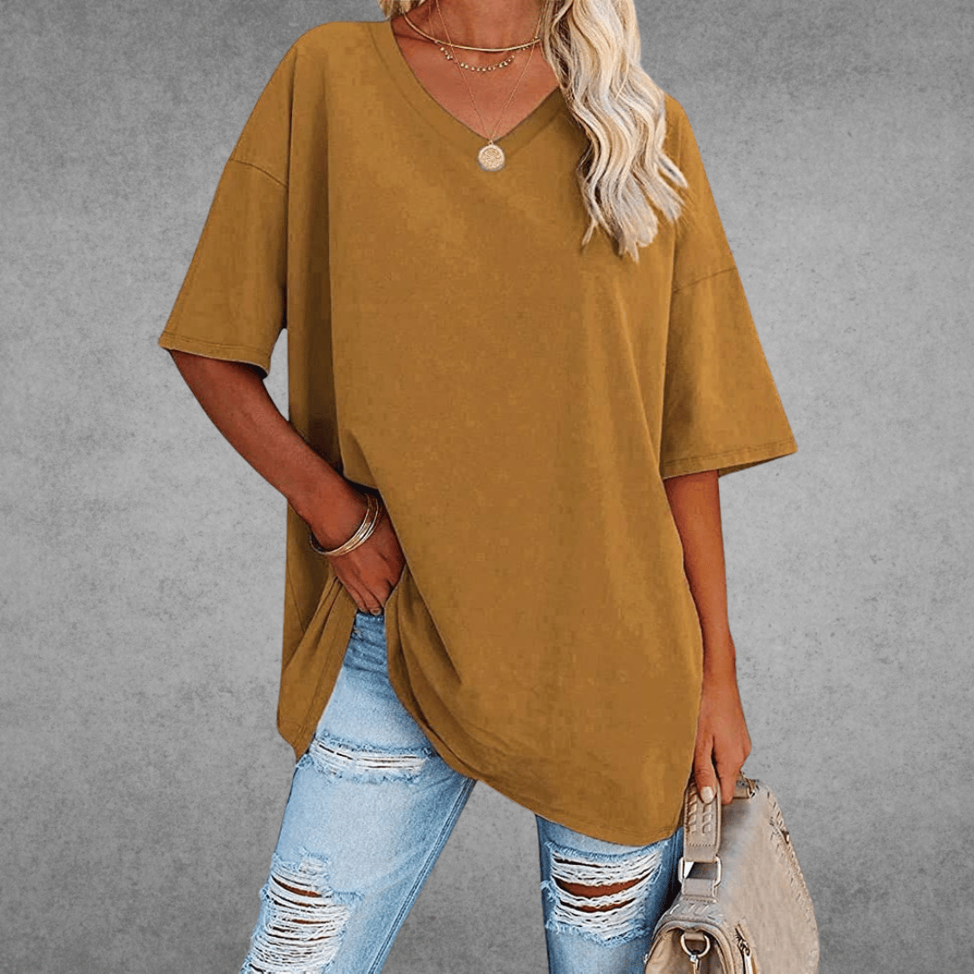 Lena Damen Shirt Lang | V-Ausschnitt, Oversized Baumwollmix- S-2XL