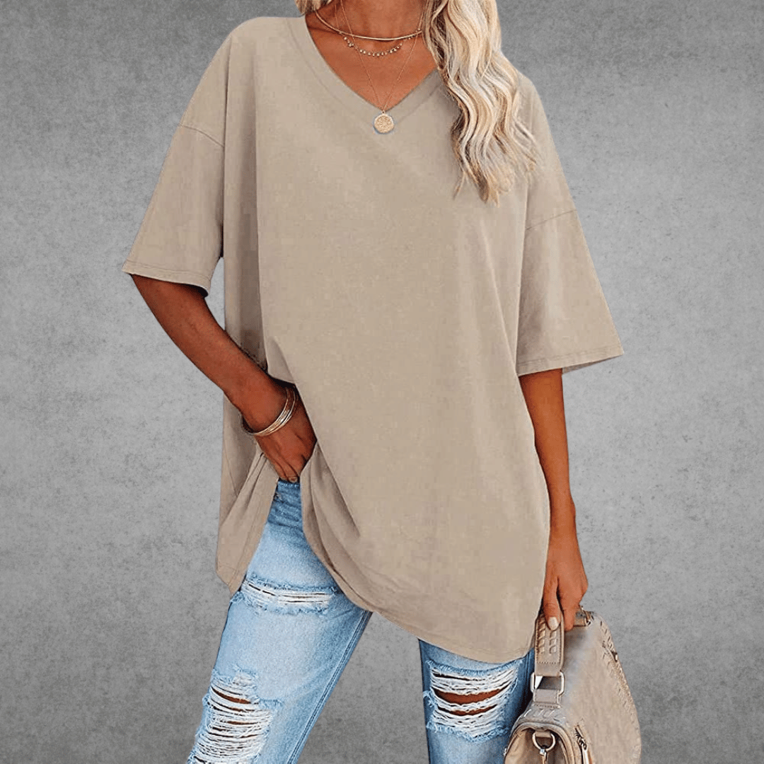 Lena Damen Shirt Lang | V-Ausschnitt, Oversized Baumwollmix- S-2XL