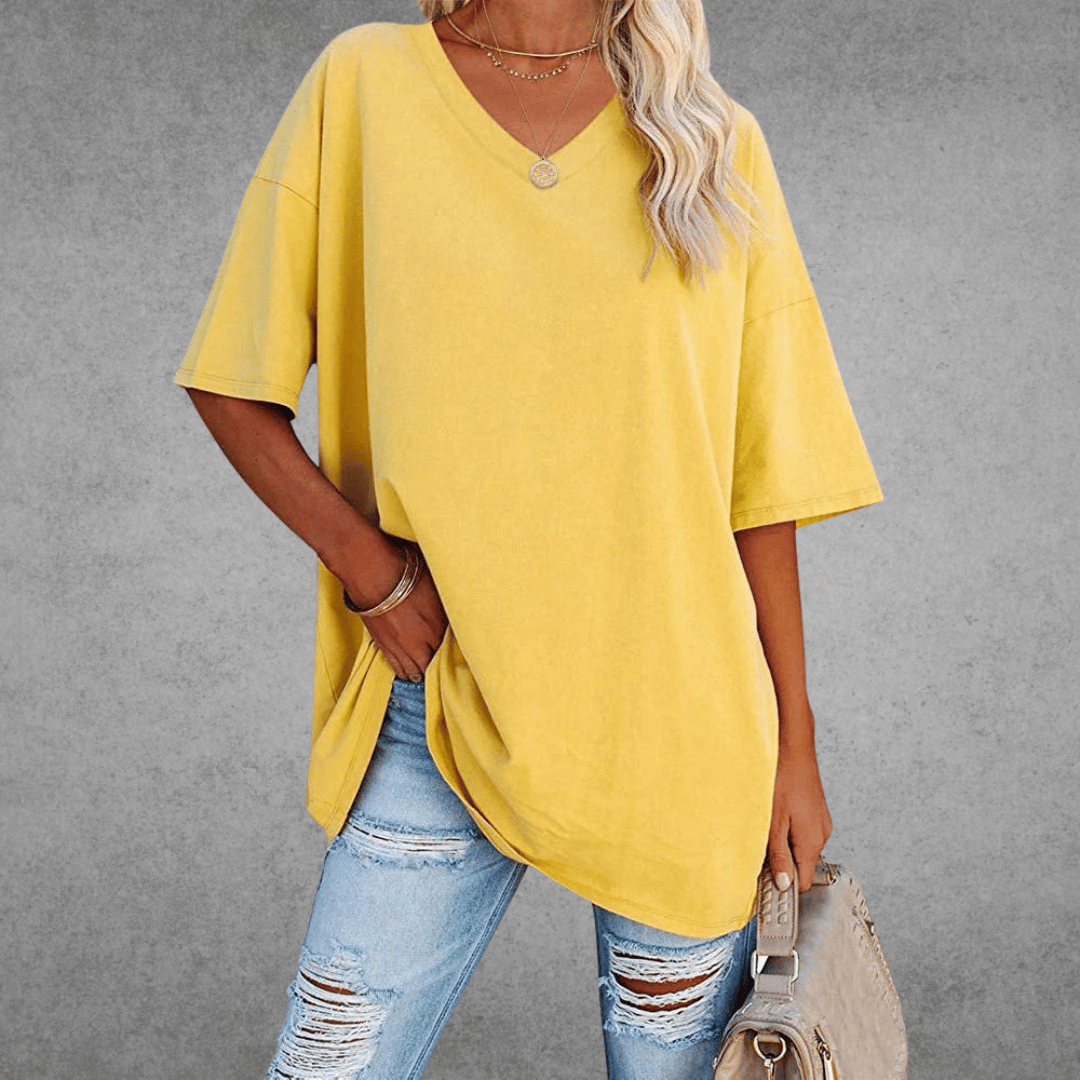 Lena Damen Shirt Lang | V-Ausschnitt, Oversized Baumwollmix- S-2XL