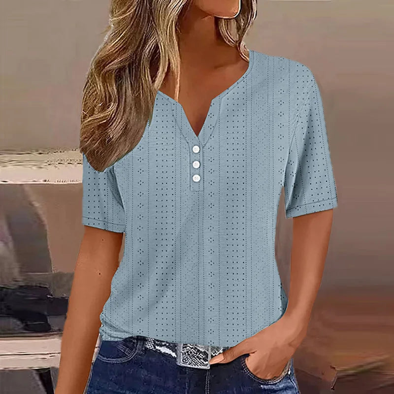 Vreni Gruen V-Ausschnitt Knoepfe Kurzarm Damen T-Shirt Baumwollmix | Leicht Luftig Laessig Sommer Freizeit Oberteil | Bequem - S/M/L/XL/XXL