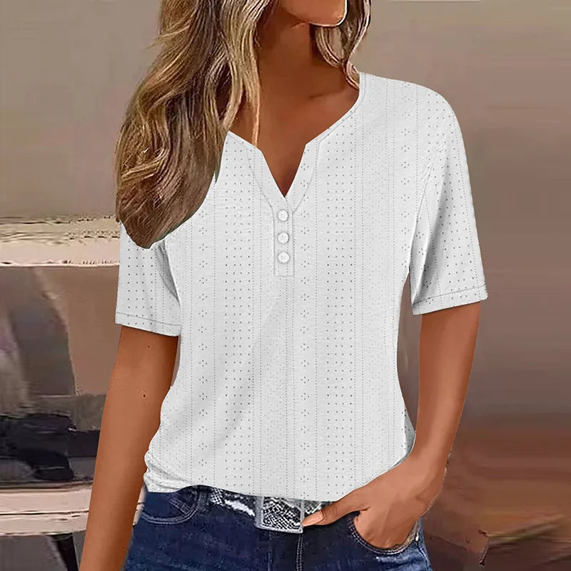 Vreni Gruen V-Ausschnitt Knoepfe Kurzarm Damen T-Shirt Baumwollmix | Leicht Luftig Laessig Sommer Freizeit Oberteil | Bequem - S/M/L/XL/XXL