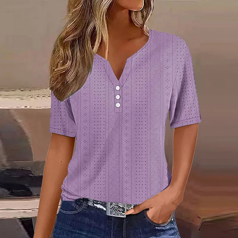 Vreni Gruen V-Ausschnitt Knoepfe Kurzarm Damen T-Shirt Baumwollmix | Leicht Luftig Laessig Sommer Freizeit Oberteil | Bequem - S/M/L/XL/XXL