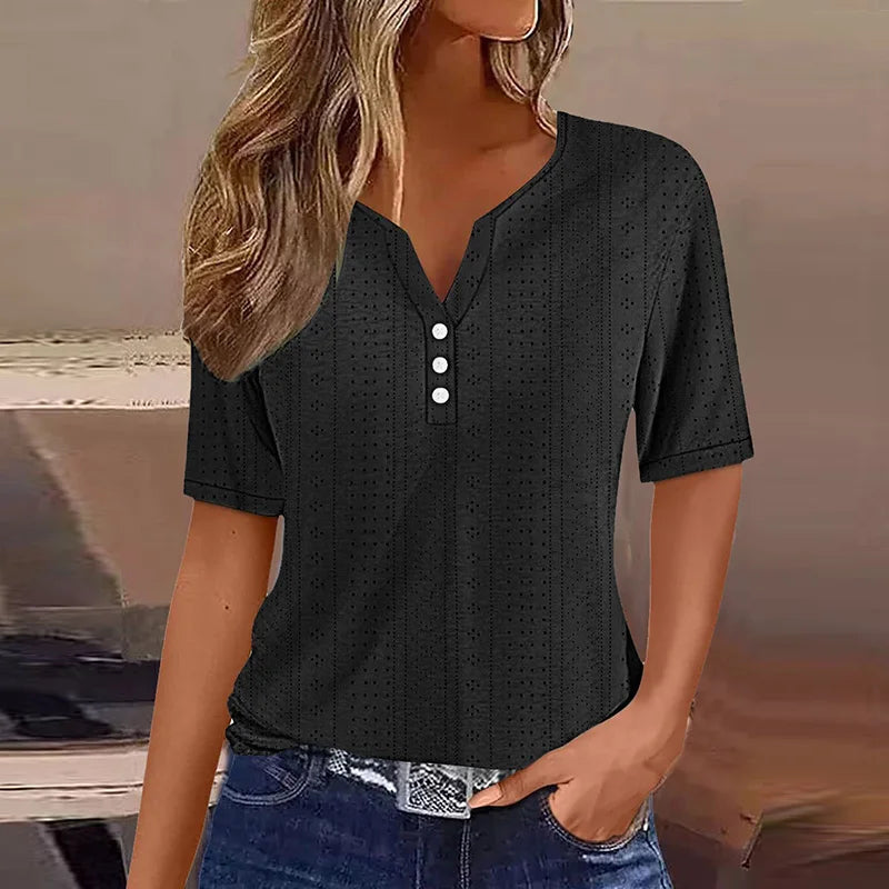 Vreni Gruen V-Ausschnitt Knoepfe Kurzarm Damen T-Shirt Baumwollmix | Leicht Luftig Laessig Sommer Freizeit Oberteil | Bequem - S/M/L/XL/XXL