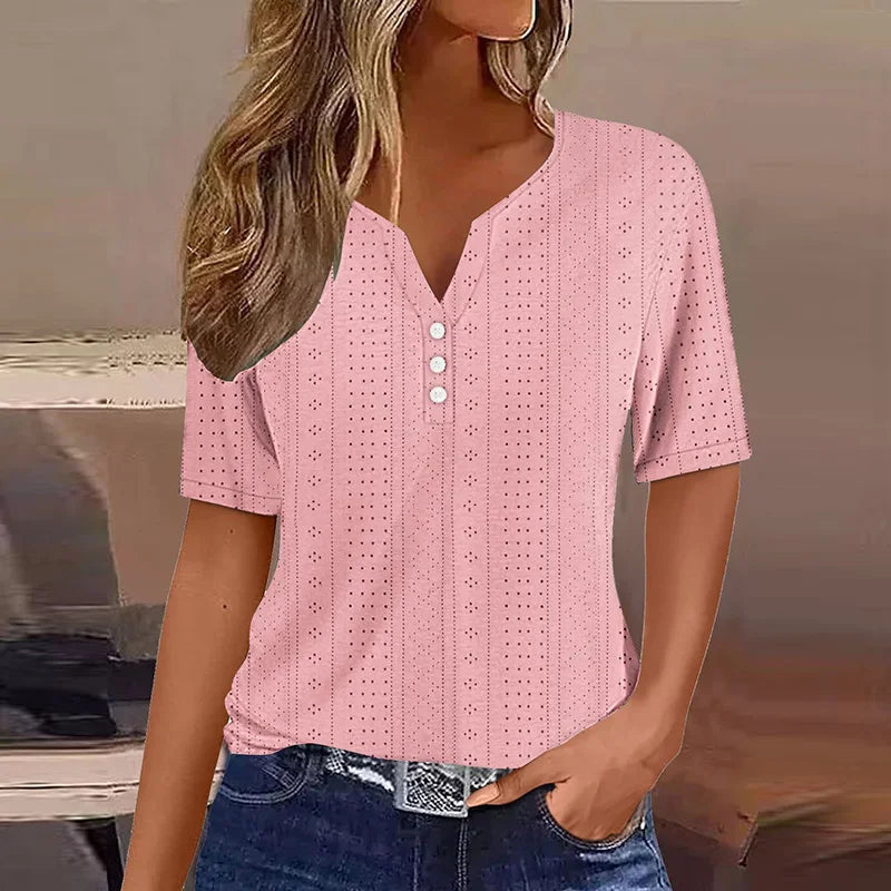 Vreni Gruen V-Ausschnitt Knoepfe Kurzarm Damen T-Shirt Baumwollmix | Leicht Luftig Laessig Sommer Freizeit Oberteil | Bequem - S/M/L/XL/XXL