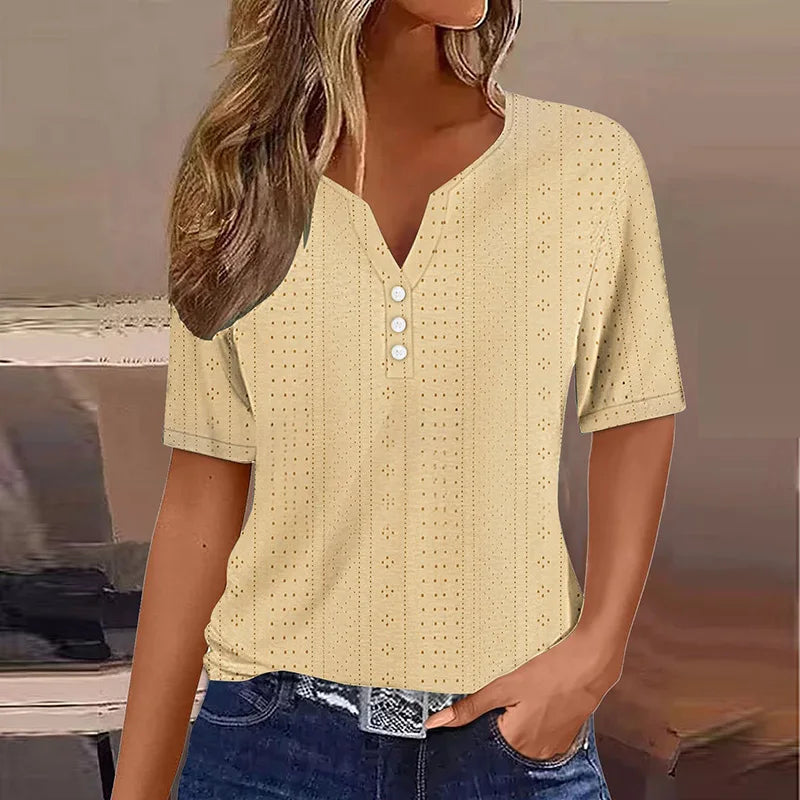 Vreni Gruen V-Ausschnitt Knoepfe Kurzarm Damen T-Shirt Baumwollmix | Leicht Luftig Laessig Sommer Freizeit Oberteil | Bequem - S/M/L/XL/XXL