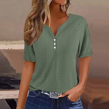 Vreni Gruen V-Ausschnitt Knoepfe Kurzarm Damen T-Shirt Baumwollmix | Leicht Luftig Laessig Sommer Freizeit Oberteil | Bequem - S/M/L/XL/XXL