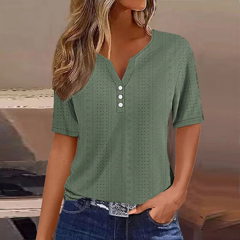 Vreni Gruen V-Ausschnitt Knoepfe Kurzarm Damen T-Shirt Baumwollmix | Leicht Luftig Laessig Sommer Freizeit Oberteil | Bequem - S/M/L/XL/XXL