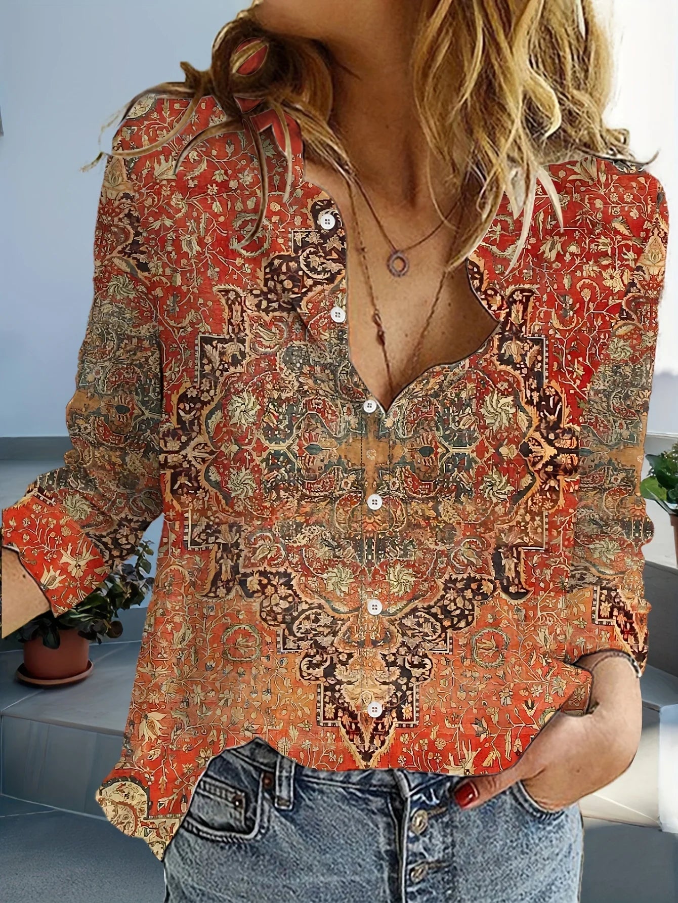 Rosemarie Blau Orientalisch Ornament Langarm Damen Bluse V-Ausschnitt Knoepfe | Elegant Boho Herbst Buero Freizeit Oberteil | Bequem - S-3XL