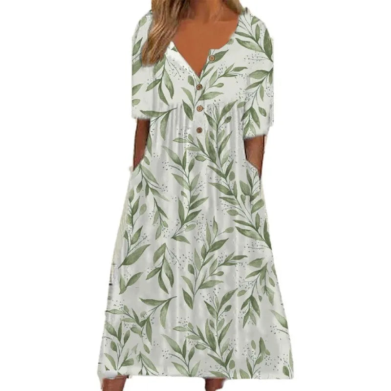 Annemarie Floral V-Ausschnitt A-Linie Damen Kurzarmkleid mit Taschen | Elegant Schmeichelnd Sommer Herbst Alltagskleid | Leicht - S-4XL