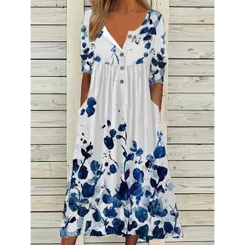 Annemarie Floral V-Ausschnitt A-Linie Damen Kurzarmkleid mit Taschen | Elegant Schmeichelnd Sommer Herbst Alltagskleid | Leicht - S-4XL