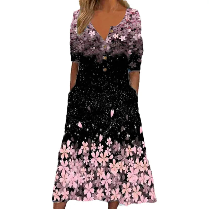 Annemarie Floral V-Ausschnitt A-Linie Damen Kurzarmkleid mit Taschen | Elegant Schmeichelnd Sommer Herbst Alltagskleid | Leicht - S-4XL