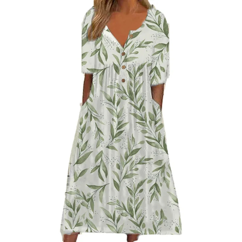Annemarie Floral V-Ausschnitt A-Linie Damen Kurzarmkleid mit Taschen | Elegant Schmeichelnd Sommer Herbst Alltagskleid | Leicht - S-4XL