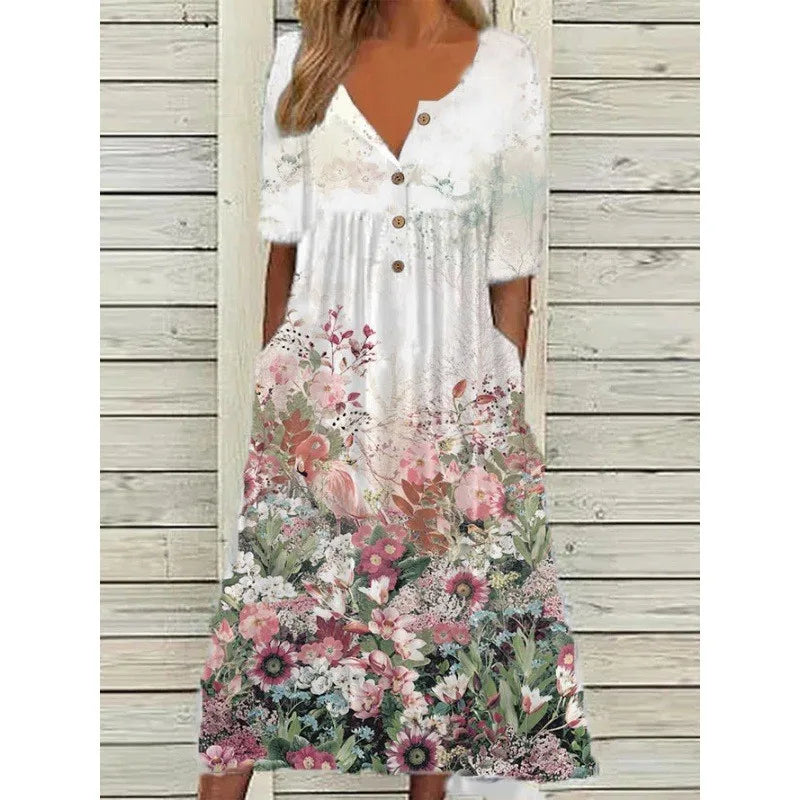 Annemarie Floral V-Ausschnitt A-Linie Damen Kurzarmkleid mit Taschen | Elegant Schmeichelnd Sommer Herbst Alltagskleid | Leicht - S-4XL