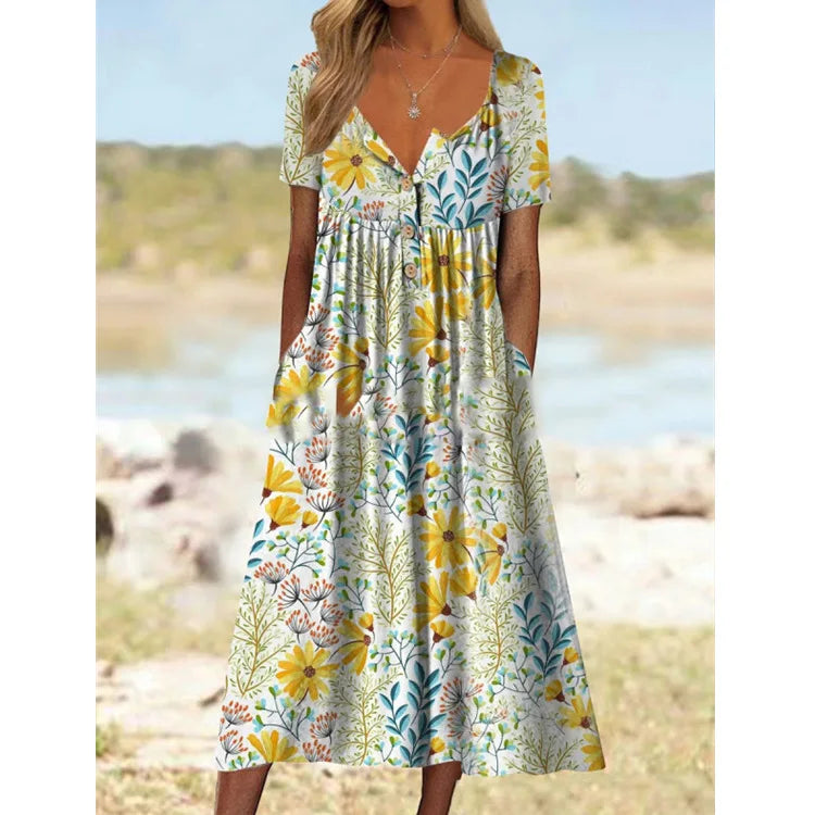 Annemarie Floral V-Ausschnitt A-Linie Damen Kurzarmkleid mit Taschen | Elegant Schmeichelnd Sommer Herbst Alltagskleid | Leicht - S-4XL