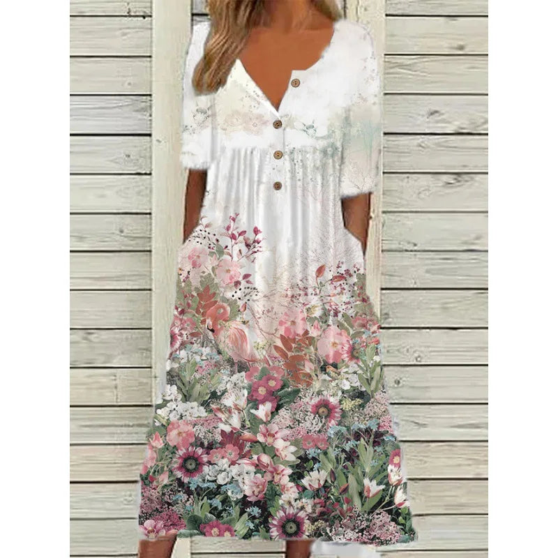 Annemarie Floral V-Ausschnitt A-Linie Damen Kurzarmkleid mit Taschen | Elegant Schmeichelnd Sommer Herbst Alltagskleid | Leicht - S-4XL