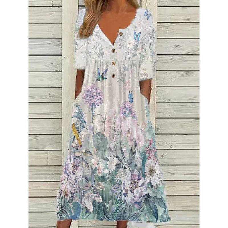 Annemarie Floral V-Ausschnitt A-Linie Damen Kurzarmkleid mit Taschen | Elegant Schmeichelnd Sommer Herbst Alltagskleid | Leicht - S-4XL